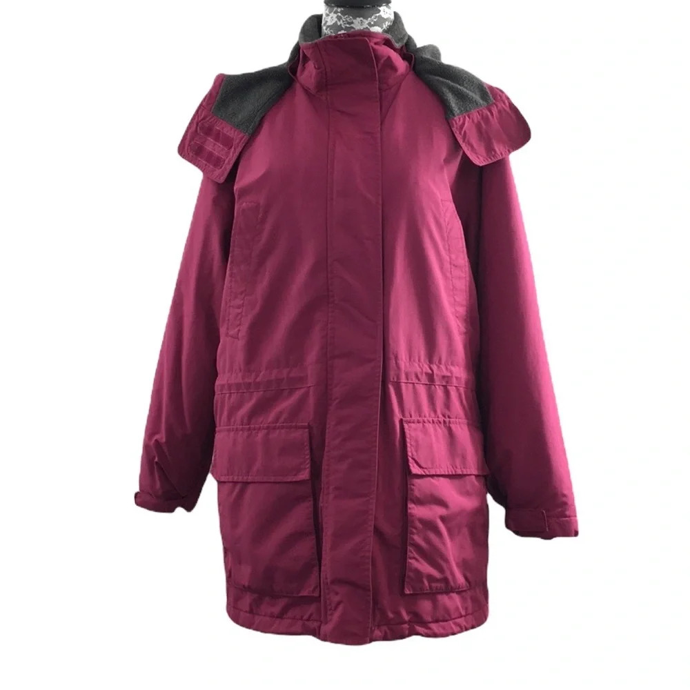 Lands End Pink Parka Long Jacket Womens Medium 10‎ 12 Hooded Zip Up Snap